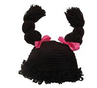 BIBITIME Knitted Pigtail Wig Beanie Handmade Women Girl's Braid Hat Bowknot Cap, Coffee, L