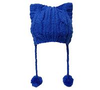 BIBITIME Winter Women's Hat Pussy Cat Ear Beanie Braided Pompom Balls Knit Cap, Royal Blue, One size