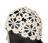 BIBITIME Women Lace Crochet Beanie Hat Handmade Knitted Cutout Floral Skull Cap, Beige, L