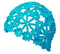 BIBITIME Women Lace Crochet Beanie Hat Handmade Knitted Cutout Floral Skull Cap, Bright Lake Blue, L