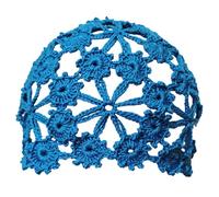 BIBITIME Women Lace Crochet Beanie Hat Handmade Knitted Cutout Floral Skull Cap, Bright Lake Blue, L
