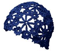 BIBITIME Women Lace Crochet Beanie Hat Handmade Knitted Cutout Floral Skull Cap, Navy, L