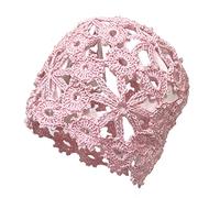 BIBITIME Women Lace Crochet Beanie Hat Handmade Knitted Cutout Floral Skull Cap, Pink, L