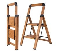 BIBKOKE Step Ladder 2-Step Woodgrain Finish Aluminum Folding Step Ladders,Anti-Slip Max 330 lbs
