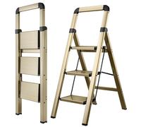 BIBKOKE Step Ladder 3-Step Champagne Gold Finish Aluminum Folding Step Ladders,Anti-Slip Max 330 lbs
