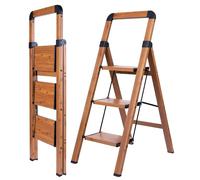 BIBKOKE Step Ladder 3-Step Woodgrain Finish Aluminum Folding Step Ladders,Anti-Slip Max 330 lbs
