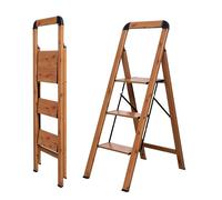 BIBKOKE Step Ladder 3-Step Woodgrain Finish Aluminum Folding Step Ladders Wide Pedal Anti-Slip for Home & Kitchen Office 330 lbs
