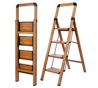 BIBKOKE Step Ladder 4-Step Woodgrain Finish Aluminum Folding Step Ladders,Anti-Slip Max 330 lbs