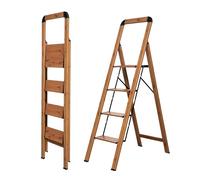 BIBKOKE Step Ladder 4-Step Woodgrain Finish Aluminum Folding Step Ladders Wide Pedal Anti-Slip for Home & Kitchen Office 330 lbs