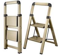 BIBKOKE Step Ladder Folding 2-Step Champagne Gold Finish Aluminum Foldable Step Ladders,Anti-Slip for Home & Kitchen Office 330 lbs