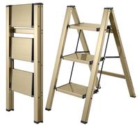 BIBKOKE Step Ladder Folding 3 Step Ladders Champagne Gold Finish Aluminum,Tripod Anti-Slip for Home & Kitchen Office 330 lbs
