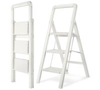 BIBKOKE Step Ladder Folding 3-Step White Finish Aluminum Foldable Step Ladders,Anti-Slip for Home & Kitchen Office 330 lbs