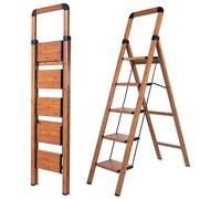 BIBKOKE Step Ladder Folding 5-Step Woodgrain Finish Aluminum Foldable Step Ladders,Anti-Slip Max 190 lbs