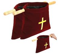 Bible Accessories 2PCS Offering Baskets for Church, Embroidered Cross Bible Bags with Wood Handles, Flannel Church Bags for Churches Communion Supplies Red