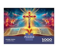 Bible And Cross 1000 Piece Sturdy Cardboard Puzzle Holy Bible with A Glowing Cross for Teens Classroom Educational Cognitive Training 52x38cm/1000pcs
