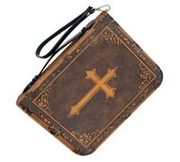 Bible Carrying Bag with Handle, PU Faux Leather, Brown | Cross Embossed Exterior, Zippered Closure, Inner Pockets, Spill Resistant Organizer for Bible Classes and Churchgoers