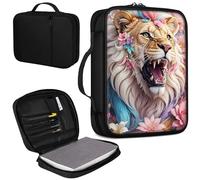 Bible Cover, Carrying Book Case Church Bag Bible Protective PU Leather Bible Covers with Handle and Zippered Pocket, for Standard and Large Size Bible 10.1x7.5x1.9 in,Cool Lion/Flowers