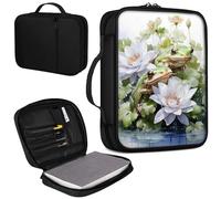 Bible Cover, Carrying Book Case Church Bag Bible Protective PU Leather Bible Covers with Handle and Zippered Pocket, for Standard and Large Size Bible 10.1x7.5x1.9 in,Frog in a Lake Flowers