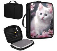 Bible Cover, Carrying Book Case Church Bag Bible Protective PU Leather Bible Covers with Handle and Zippered Pocket, for Standard and Large Size Bible 10.1x7.5x1.9 in,Cute Cat White