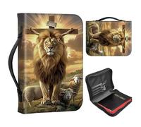 Bible Cover Case for Men Personalized Leather Bible Cases with Handle and Zipper, Large Portable Bible Covers for Women, Church Bag for Bible Study & Christian Gift,Cross Lion-1433