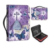 Bible Cover Case for Men Personalized Leather Bible Cases with Handle and Zipper, Large Portable Bible Covers for Women, Church Bag for Bible Study & Christian Gift,Purple Cross Butterflies