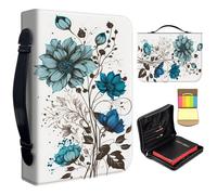 Bible Cover Case for Women,Large Leather Bible Case Fit Book Up to 11x8x2.4 in,Blue Flowers Drawing Bible Covers for Girls,Bible Study Carrier Church Bags w/Handle Zipper