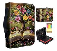 Bible Cover Case for Women,Large Leather Bible Case Fit Book Up to 11x8x2.4 in,Flowers Tree Growing from Book Bible Covers for Girls,Bible Study Carrier Church Bags w/Handle Zipper