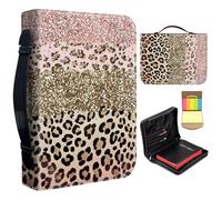 Bible Cover Case for Women,Large Leather Bible Case Fit Book Up to 11x8x2.4 in,Pink Gold Leopard Print Bible Covers for Girls,Bible Study Carrier Church Bags w/Handle Zipper