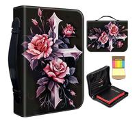 Bible Cover Case for Women,Large Leather Bible Case Fit Book Up to 11x8x2.4 in,Pink Rose Cross Bible Covers for Girls,Bible Study Carrier Church Bags w/Handle Zipper
