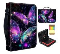 Bible Cover Case for Women,Large Leather Bible Case Fit Book Up to 11x8x2.4 in,Sparking Butterflies Bible Covers for Girls,Bible Study Carrier Church Bags w/Handle Zipper