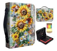 Bible Cover Case for Women,Large Leather Bible Case Fit Book Up to 11x8x2.4 in,Sunflowers Butterflies Bible Covers for Girls,Bible Study Carrier Church Bags w/Handle Zipper