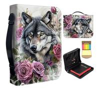 Bible Cover Case for Women,Large Leather Bible Case Fit Book Up to 11x8x2.4 in,Wolf in Red Rose Flowers Bible Covers for Girls,Bible Study Carrier Church Bags w/Handle Zipper