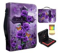 Bible Cover Case for Women,Large Leather Bible Case Fit Book Up to 11x8x2 Inch,Cross with Purple Rose Butterflies Bible Covers for Girls,Bible Study Carrier Church Bags w/Handle Zipper