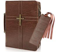 Bible Cover Case PU Leather Bible Bag for Men, with Leather Bookmark, Pen Slots, Handle, Strong and Sturdy Church Bag, Christian Gifts for Men and Women, Fits Standard Size Bibles (Brown)
