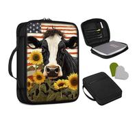 Bible Cover for Men Women,Bible Carrying Case Large Medium Size, Bible Carrier Church Tote Bag,Bible Holder Study Book Covers Organizer W/Handle + Zipper Pocket-Sunflower Cow on USA Flag