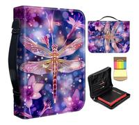 Bible Cover for Men Women,Large Leather Bible Case Fit Book Up to 11x8x2.4 in,Purple Dragonfly Bible Covers Bible Study Carrier Church Bags w/Handle & Zipper