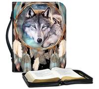 Bible Covers for Women Men, Carrying Book Case Church Bag Bible Protective PU Leather Bible Case with Zippered Pocket,for Standard and Large Size Study Bible 10x7.5x1.9 in,Dream Catcher Wolf -562
