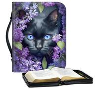 Bible Covers for Women Men, Carrying Book Case Church Bag Bible Protective PU Leather Bible Case with Zippered Pocket,for Standard and Large Size Study Bible 10x7.5x1.9 in,Cute Black Cat Flower