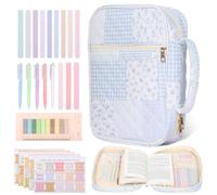 Bible Study Supplies with Bible Case, 12 Colored Highlighters, 5 Ballpoint Pens, 75 Bookmarks, 200 Labels, Large Capacity Book Carrying Cover Case for Women Christian Gifts(Blue Checkered Pattern)