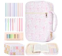 Bible Study Supplies with Bible Case, 12 Colored Highlighters, 5 Ballpoint Pens, 75 Bookmarks, 200 Labels, Large Capacity Book Carrying Cover Case for Women Christian Gifts(Pink Checkered Butterfly)