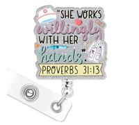 Bible Verse Badge Reel, She Works Willingly with Her Hands Badge Holder Retractable with ID Name Alligator Clip for Nurse Nursing School Student RN CNA LPN & Medical