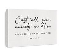 Bible Verse Canvas Print Decor Cast All Your Anxiety on Him 1 Peter 5 : 7 Wall Painting Posters Artwork 12”X15” Modern Home Office Decoration (Framed)