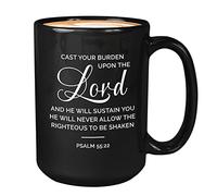 Bible Verse Coffee Mug 15oz Black - Cast Your Burden - Christian Religious Jesus Inspirational Faith Cross Scripture Psalm Priest Spiritual