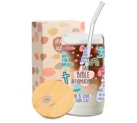 Bible Verse Iced Coffee Cup, Reusable Christian Glass Cups with Lids and Straws & Brush, Christian Gifts for Women,Iced Coffee Glasses for Beer, Cocktail, Tea, Coke, Juice, Soda