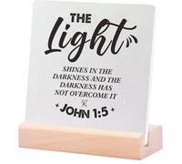 Bible Verse John 15 The Light Shines In The Darkness Wooden Plaque Sign Desk Decor, Scripture Wooden Plaque For Christian Home Office Shelf Table Decoration 4X4Inch