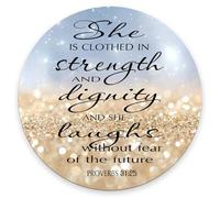 Bible Verse Pattern Round Mouse Pad,Proverbs 31:25 Mouse Pad - She is Clothed in Strength and Dignity and She Laughs Without Fear of The Future