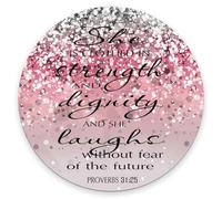 Bible Verse Pink Sparkles Glitter Pattern Round Mouse Pad,Proverbs 31:25 Mouse Pad - She is Clothed in Strength and Dignity and She Laughs Without Fear of The Future