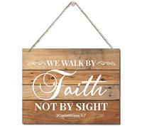 Bible Verse Printed Wood Plaque Sign Wall Hanging, Home Wall Decor We Walk By Faith Not By Sight Scripture Rustic Hanging Wall Plaque Wood Signs, 2Corinthians 5:7 Christian Sign