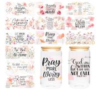 Bible Verse UV DTF Cup Wraps, 12 Sheets Christian Inspirational Quotes Stickers with Pink Floral Designs, Waterproof Religious Transfers for 16 oz Tumblers, DIY Crafts