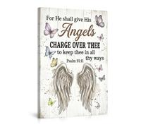 Bible Verse Wall Art Canvas Poster Psalm 91 11 For He Shall Give His Angels Charge Over Thee Angel Wings Butterfly Rustic Wood Home Decor Living Room Religious Art-08x12inch(20x30cm)-Frame-style